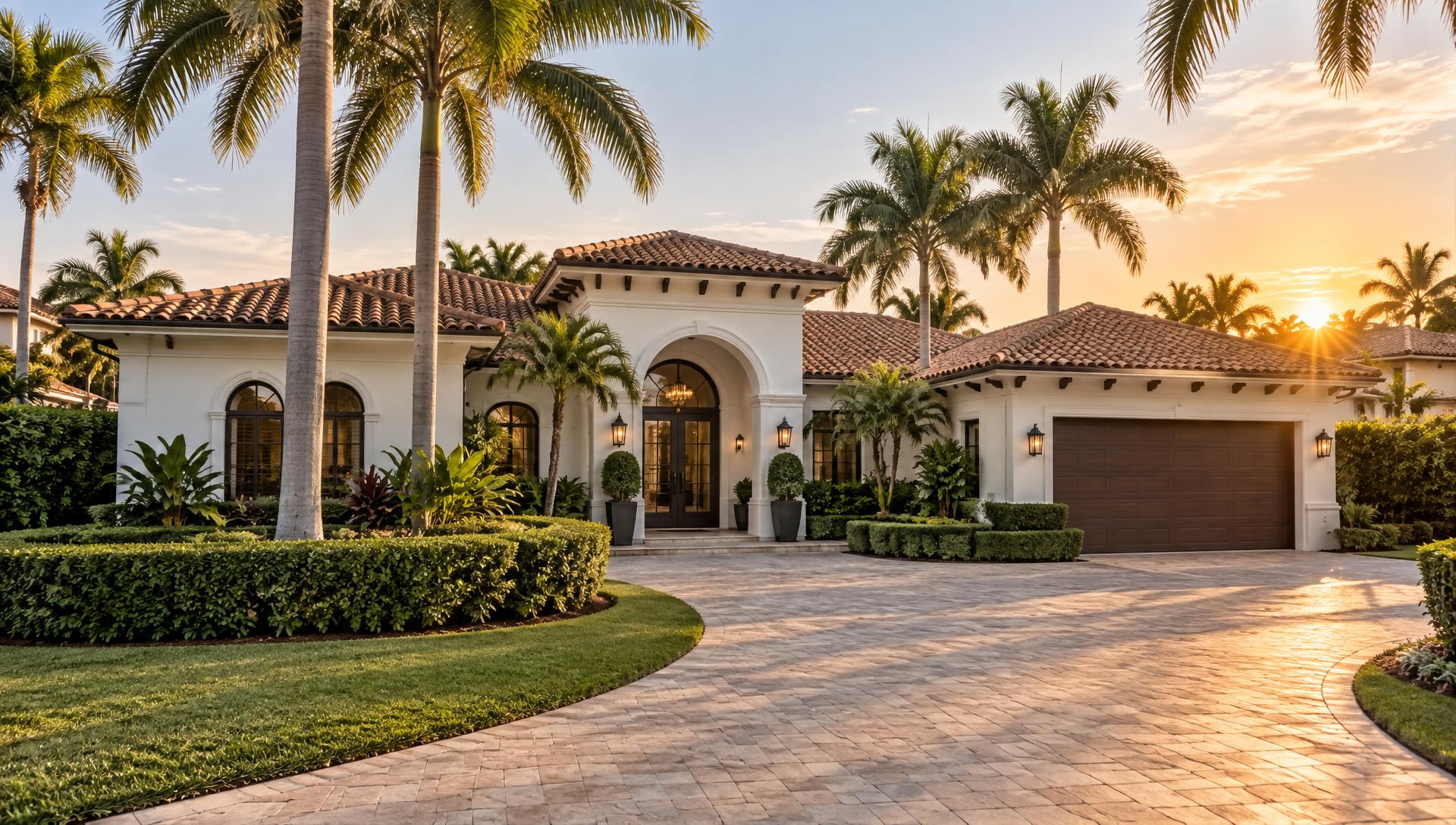 Aerial view of a white Spanish-style Miami home with a terra cotta tile roof, pool, and tropical landscaping